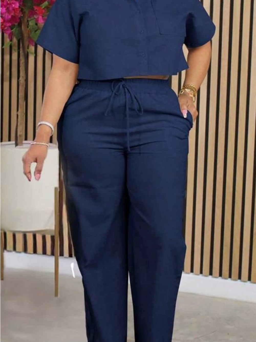 Navy Drawstring High-Waist Pants - Women's Casual Comfort